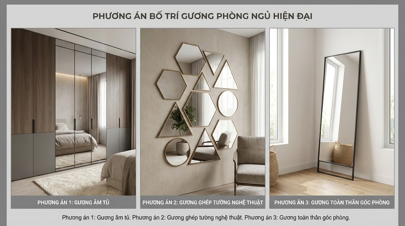 Ba phương án bố trí gương trong phòng ngủ gương âm tủ, gương ghép tường nghệ thuật, gương toàn thân góc phòng
