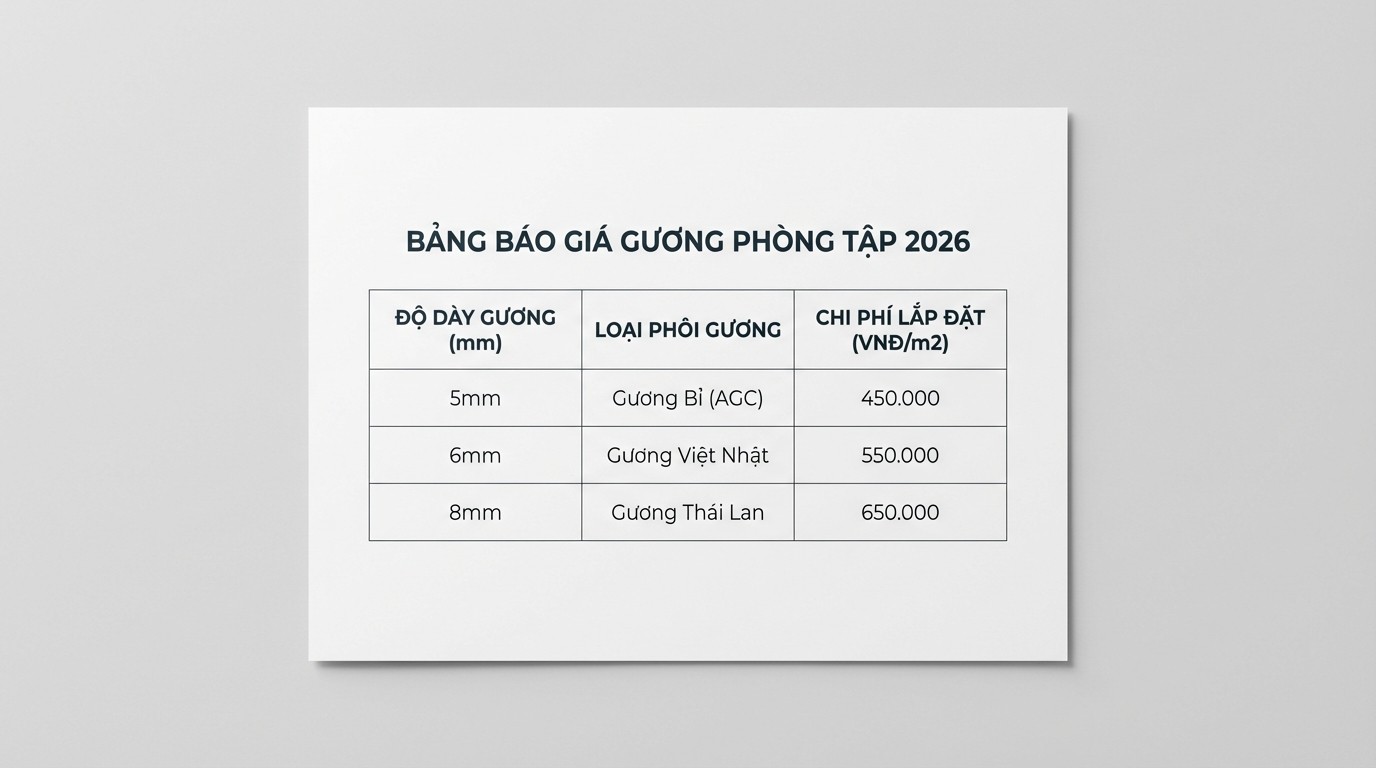 Bảng báo giá gương phòng tập 2026 theo độ dày, loại phôi và hạng mục thi công