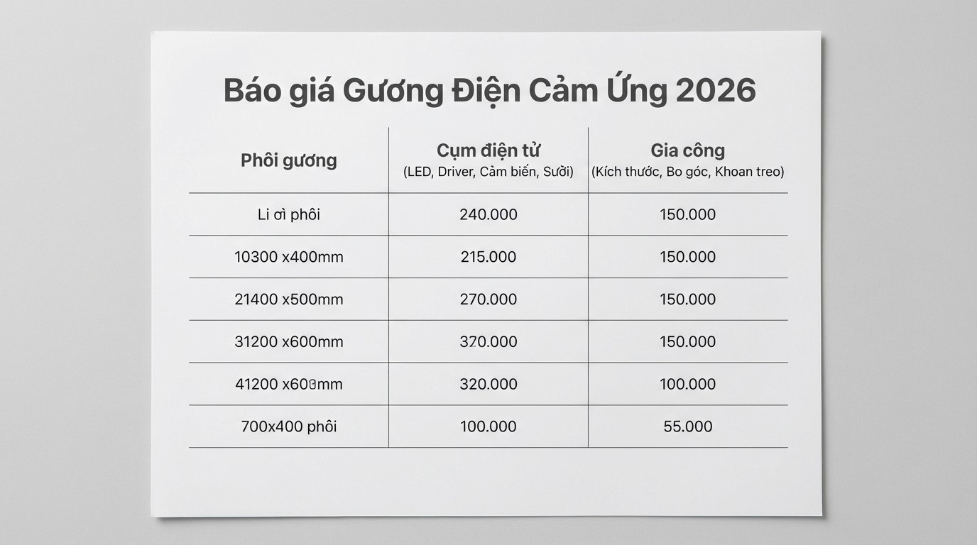 Bảng cấu phần chi phí phôi gương, linh kiện và gia công của gương điện cảm ứng