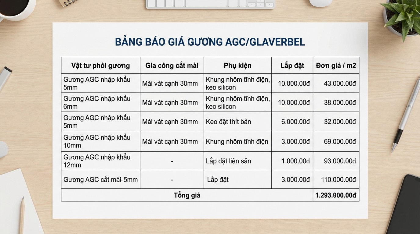 Bảng cấu trúc báo giá theo m2 gồm vật tư phôi gương, gia công cắt mài, phụ kiện và lắp đặt