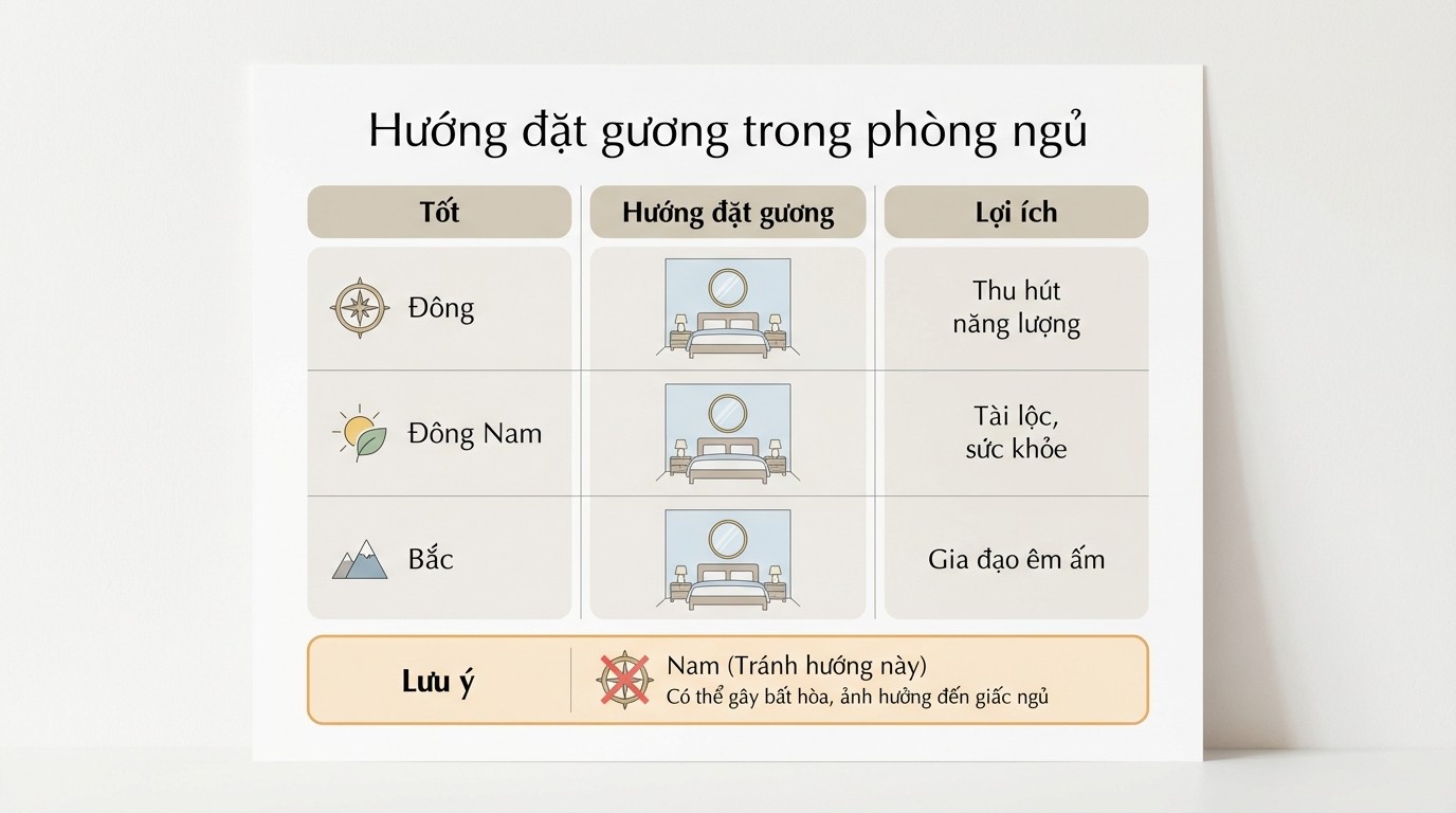 Bảng định hướng đặt gương theo các hướng Đông, Đông Nam, Bắc và lưu ý hướng Nam trong phòng ngủ
