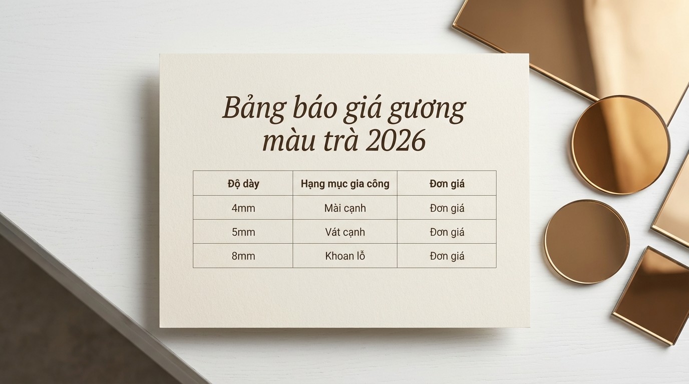 Gương Màu Trà Nhạt: Tiêu Chuẩn Kỹ Thuật, Ứng Dụng Không Gian Và Báo Giá 2026 4 Bảng giá tham chiếu gương màu trà theo độ dày và hạng mục gia công năm 2026