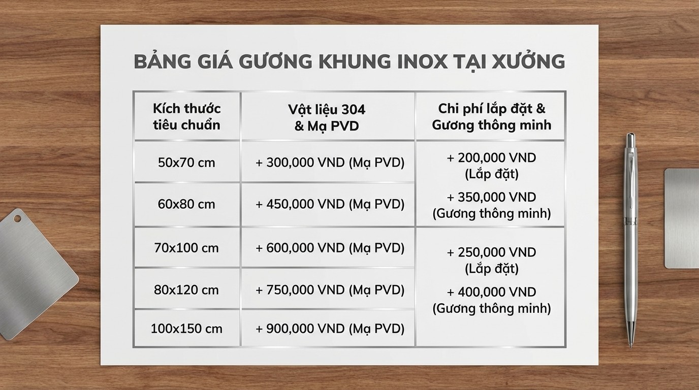 Gương Khung Inox Tại Xưởng Trực Tiếp Sản Xuất 3 Bảng giá tham khảo theo kích thước gương khung inox và các hạng mục phát sinh