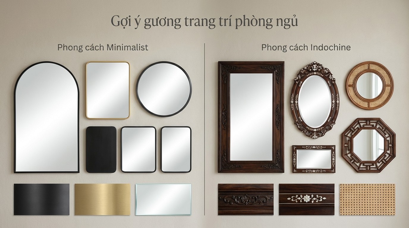 bang goi y kieu guong theo phong cach minimalist va indochine trong phong ngu