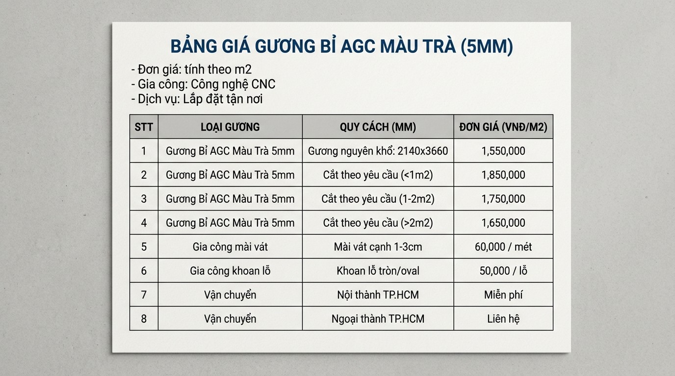 Bảng hạng mục tính giá gương bỉ màu trà theo m2, gia công CNC và lắp đặt tận nơi