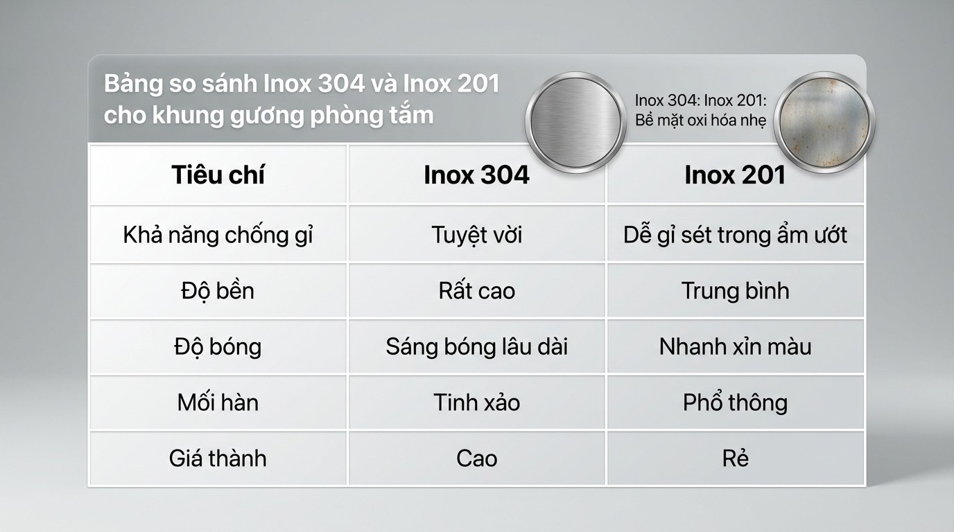 Gương Khung Inox Tại Xưởng Trực Tiếp Sản Xuất 1 Bảng khác biệt inox 304 và inox 201 khi làm khung gương phòng tắm
