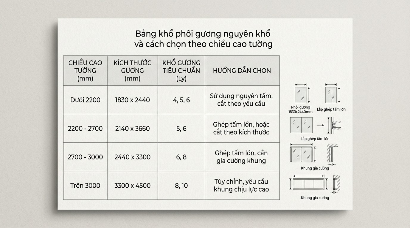 Bảng khổ phôi gương nguyên khổ và cách chọn theo chiều cao tường