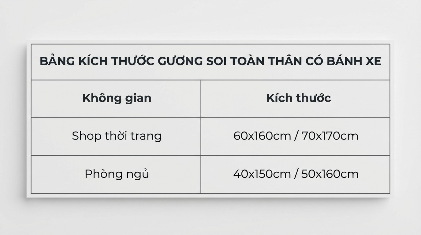 Gương Di Động Toàn Thân Tiêu Chuẩn Phổ Biến 3 Bảng kích thước gương soi toàn thân có bánh xe theo từng không gian sử dụng