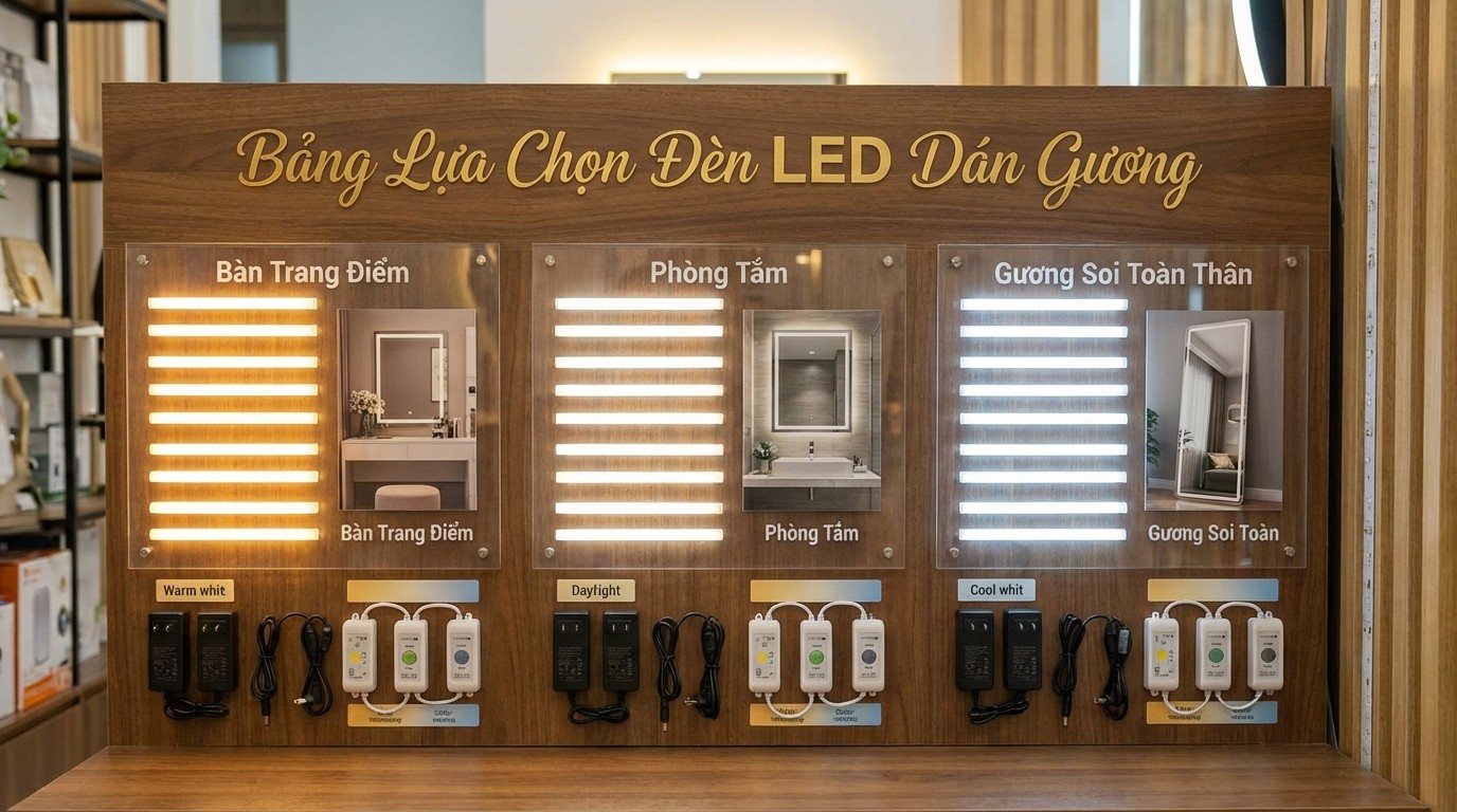 Giải Pháp Thi Công Đèn Led Trang Trí Gương 3 Bảng lựa chọn đèn led dán gương cho bàn trang điểm, phòng tắm và gương soi toàn thân