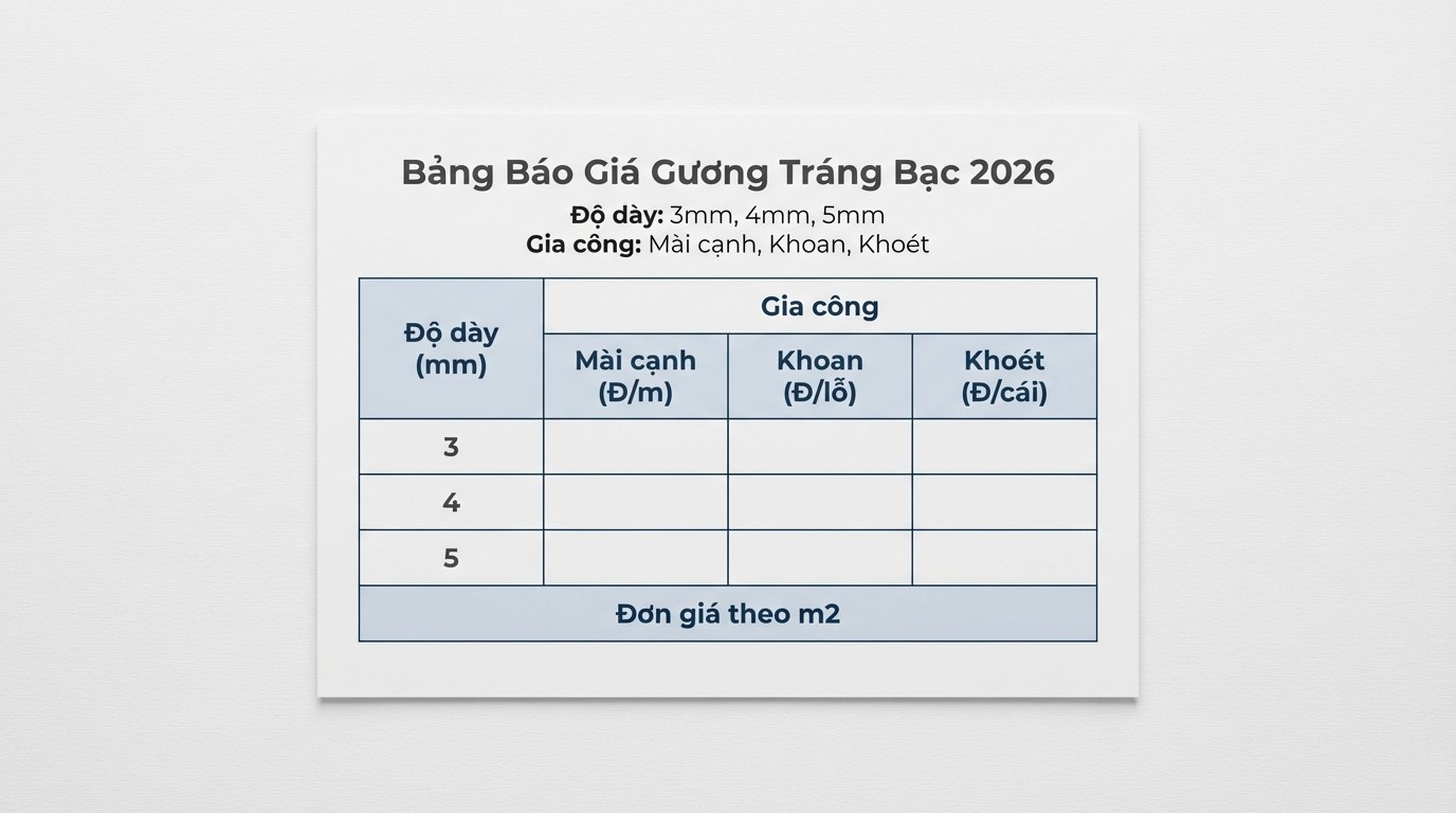 Bảng nhóm giá gương tráng bạc 2026 theo độ dày và hạng mục gia công