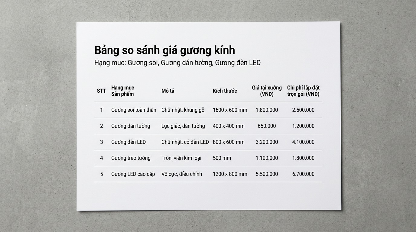 Bảng so sánh giá gương kính tại xưởng và chi phí lắp đặt trọn gói theo hạng mục gương soi, gương dán tường và gương đèn led