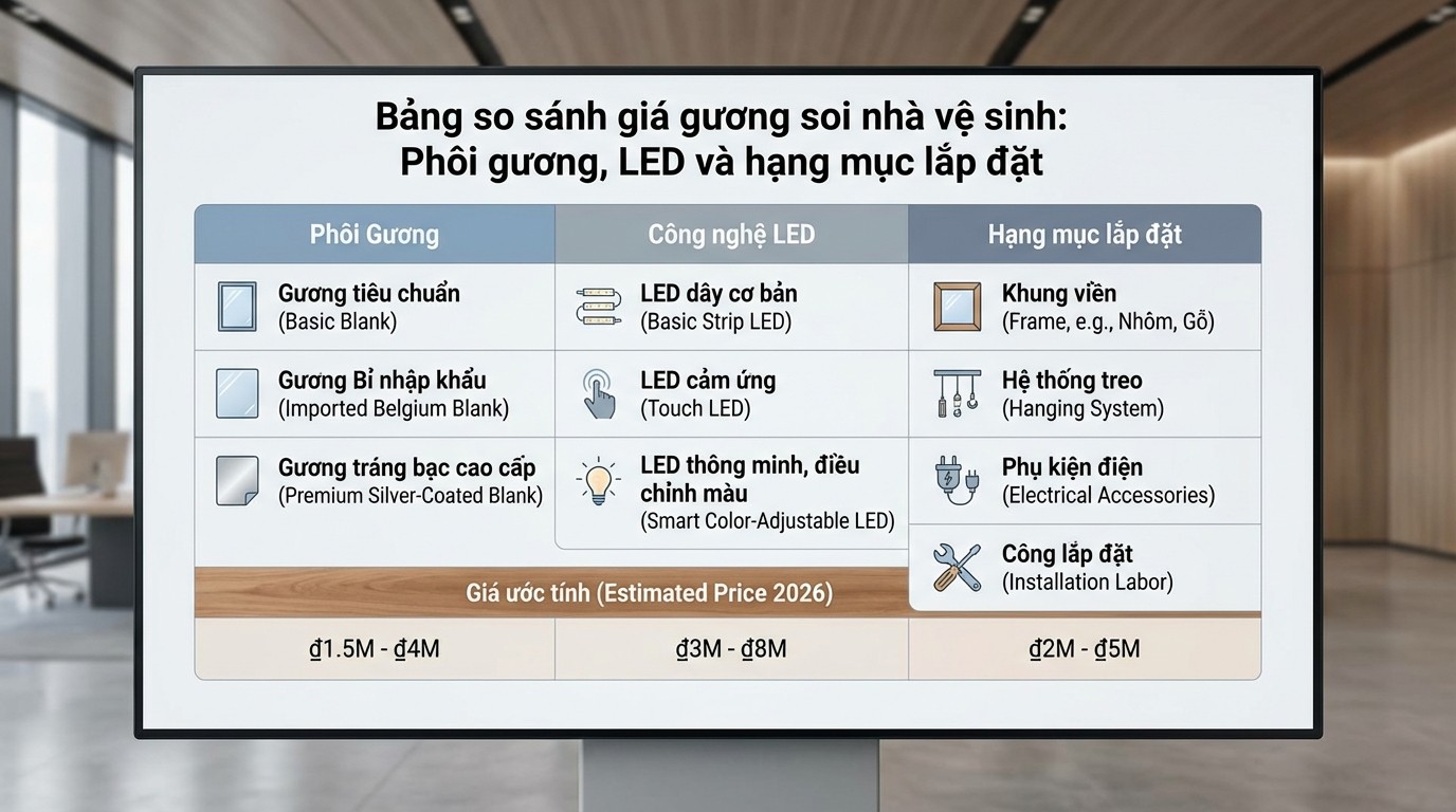 Bảng so sánh giá gương soi nhà vệ sinh theo phôi gương, LED và hạng mục lắp đặt
