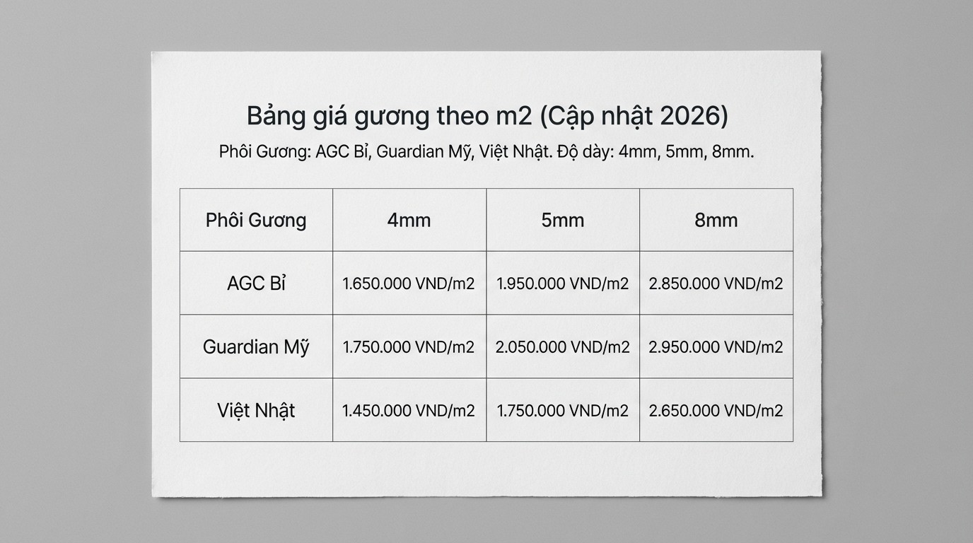 Bảng so sánh giá gương theo m2 theo phôi và độ dày 4mm 5mm 8mm