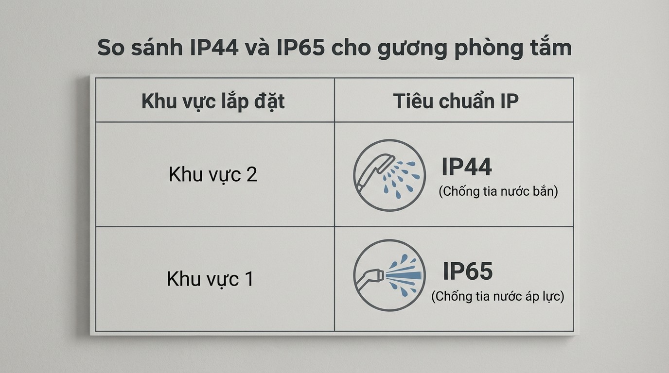 Bảng so sánh IP44 và IP65 theo khu vực lắp gương trong phòng tắm