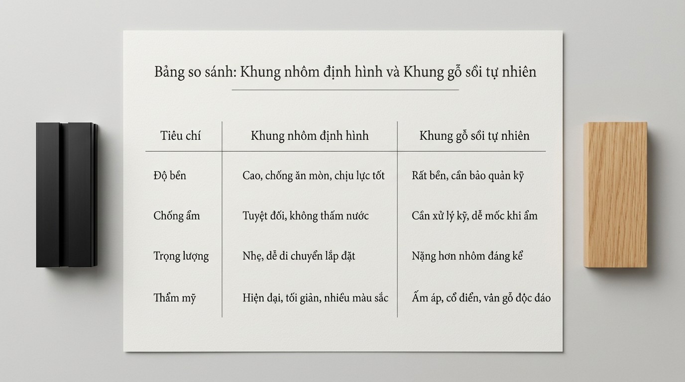 Bảng so sánh khung nhôm định hình và khung gỗ sồi tự nhiên cho gương soi toàn thân