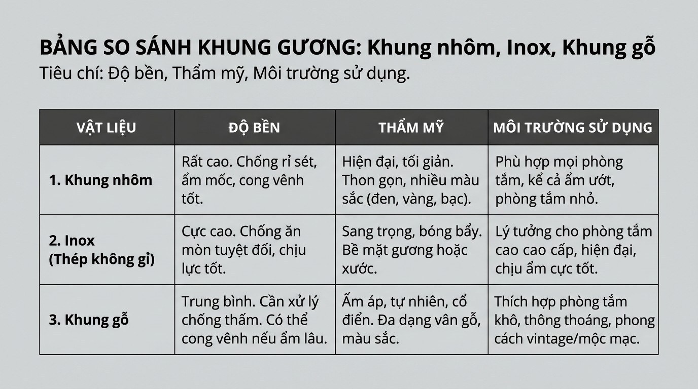 Bảng so sánh khung nhôm, inox và gỗ theo độ bền, thẩm mỹ và môi trường sử dụng