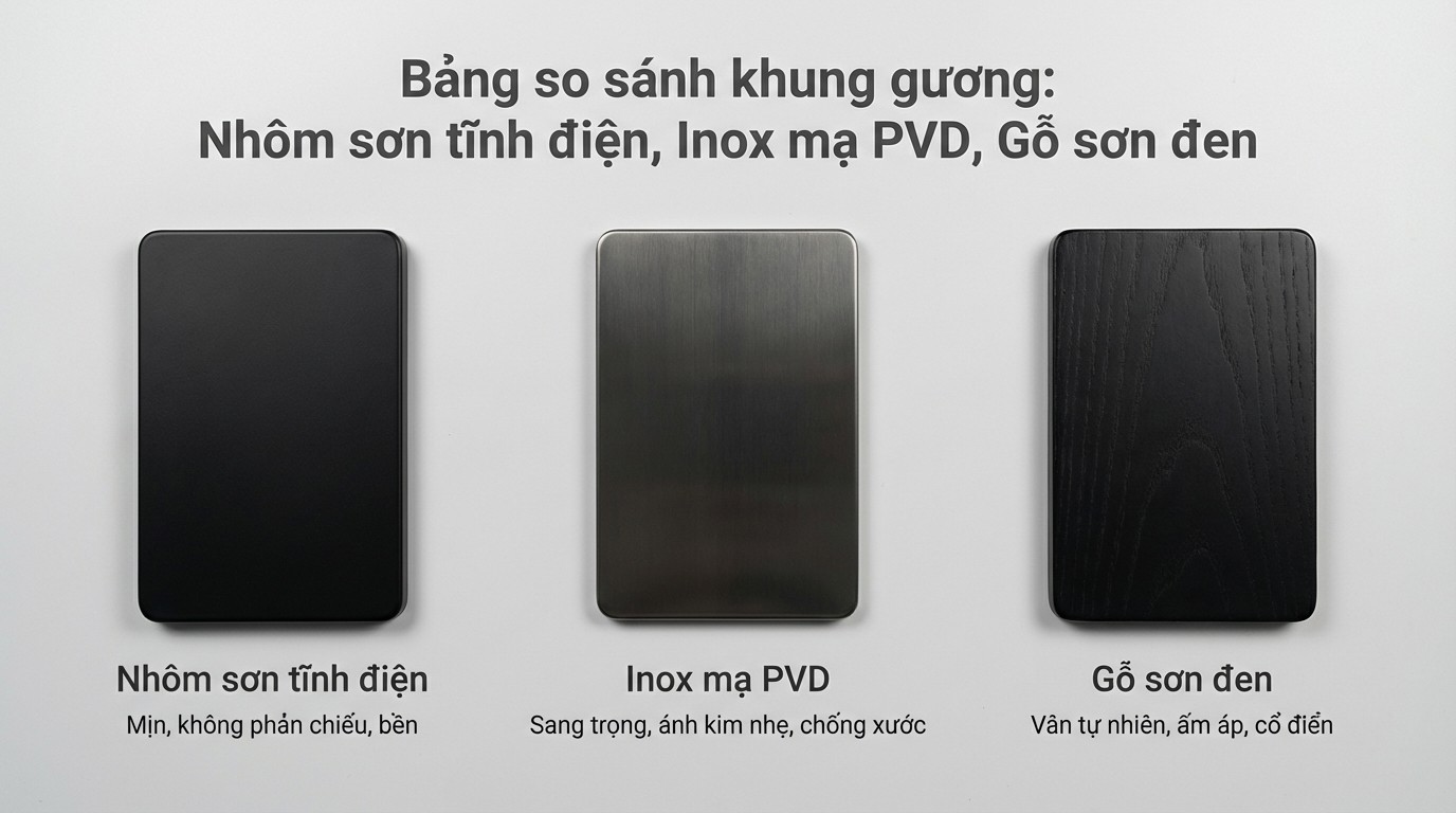 Hướng Dẫn Chọn Mua Và Báo Giá Gương Màu Đen 1 Bảng so sánh khung nhôm sơn tĩnh điện, inox mạ PVD và gỗ sơn đen cho gương soi khung đen
