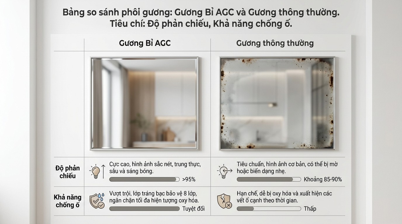Xưởng Sản Xuất Gương Soi: Năng Lực Gia Công Và Lắp Ráp Toàn Diện 2 Bảng so sánh phôi gương Bỉ AGC và các lựa chọn phổ biến theo độ phản chiếu và khả năng chống ố