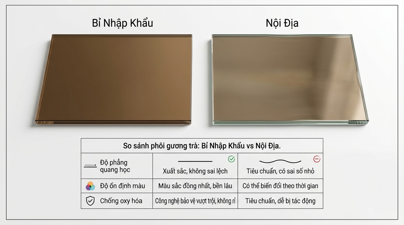 Gương Màu Trà Nhạt: Tiêu Chuẩn Kỹ Thuật, Ứng Dụng Không Gian Và Báo Giá 2026 2 Bảng so sánh phôi gương trà Bỉ nhập khẩu và phôi nội địa theo độ phẳng, độ ổn định màu và khả năng chống oxy hóa