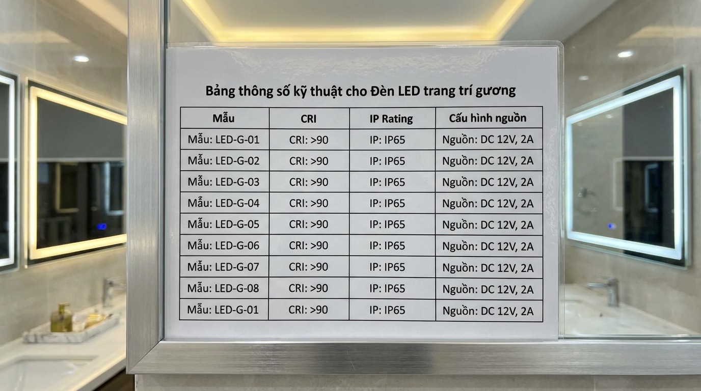 Giải Pháp Thi Công Đèn Led Trang Trí Gương 1 Bảng thông số CRI, IP và cấu hình nguồn cho đèn led trang trí gương