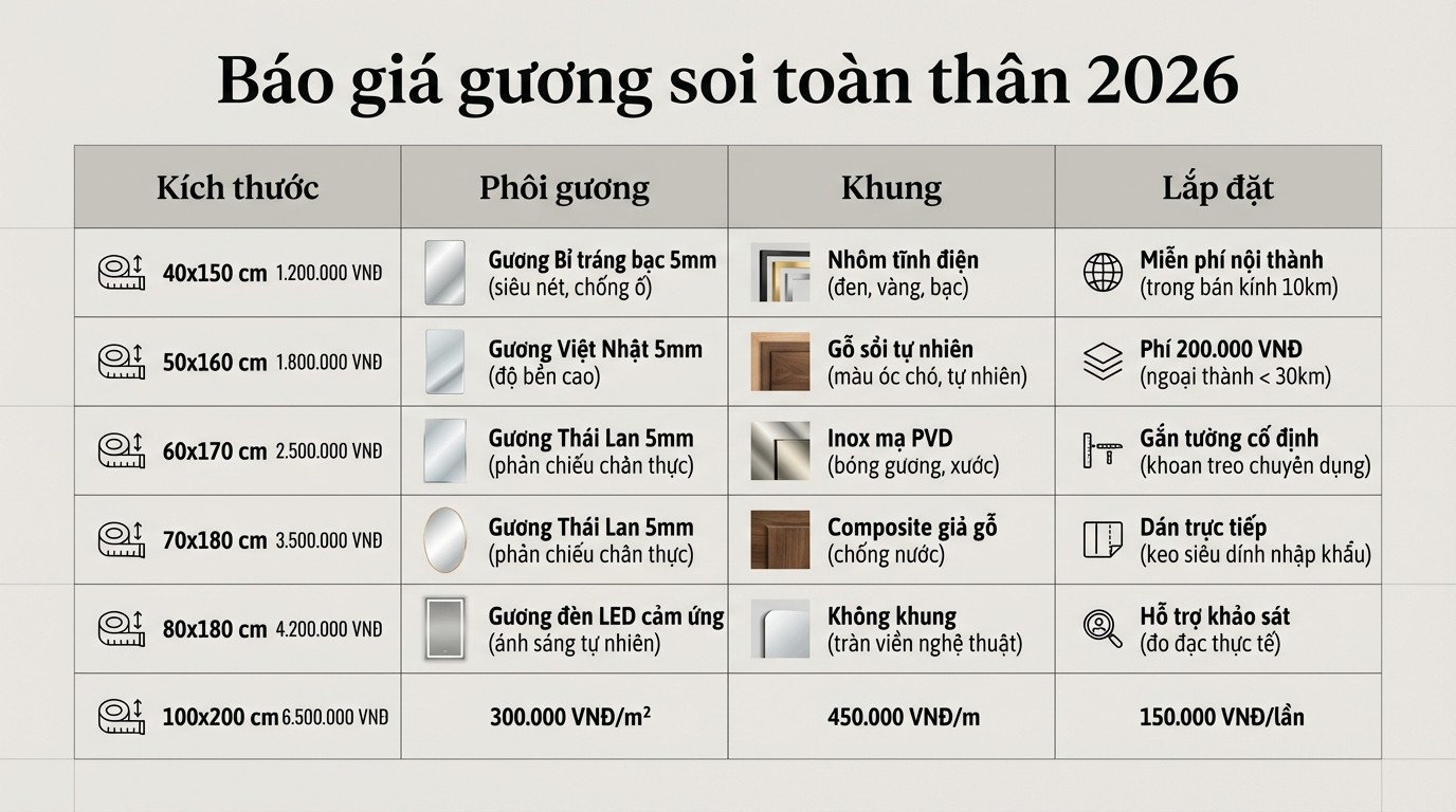 Bảng tiêu chí ảnh hưởng báo giá gương soi toàn thân có chân năm 2026 gồm kích thước, phôi gương, khung và lắp đặt