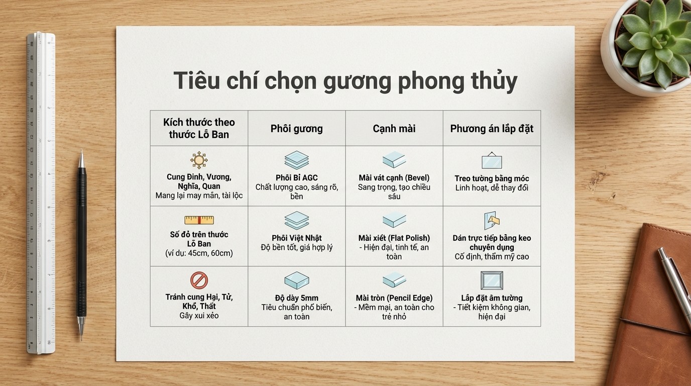 Hướng Dẫn Bố Trí Gương Phong Thủy: Nguyên Tắc Năng Lượng Và Giải Pháp Không Gian 5 Bảng tiêu chí chọn gương phong thủy kích thước theo thước Lỗ Ban, phôi gương, cạnh mài và phương án lắp đặt