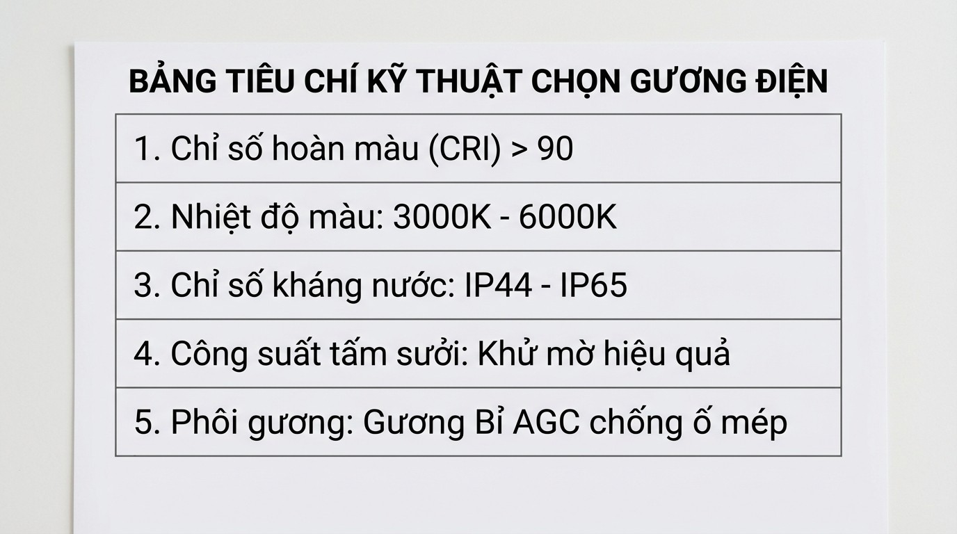 Bảng tiêu chí kỹ thuật khi chọn gương điện cảm ứng cho phòng tắm tại TP.HCM