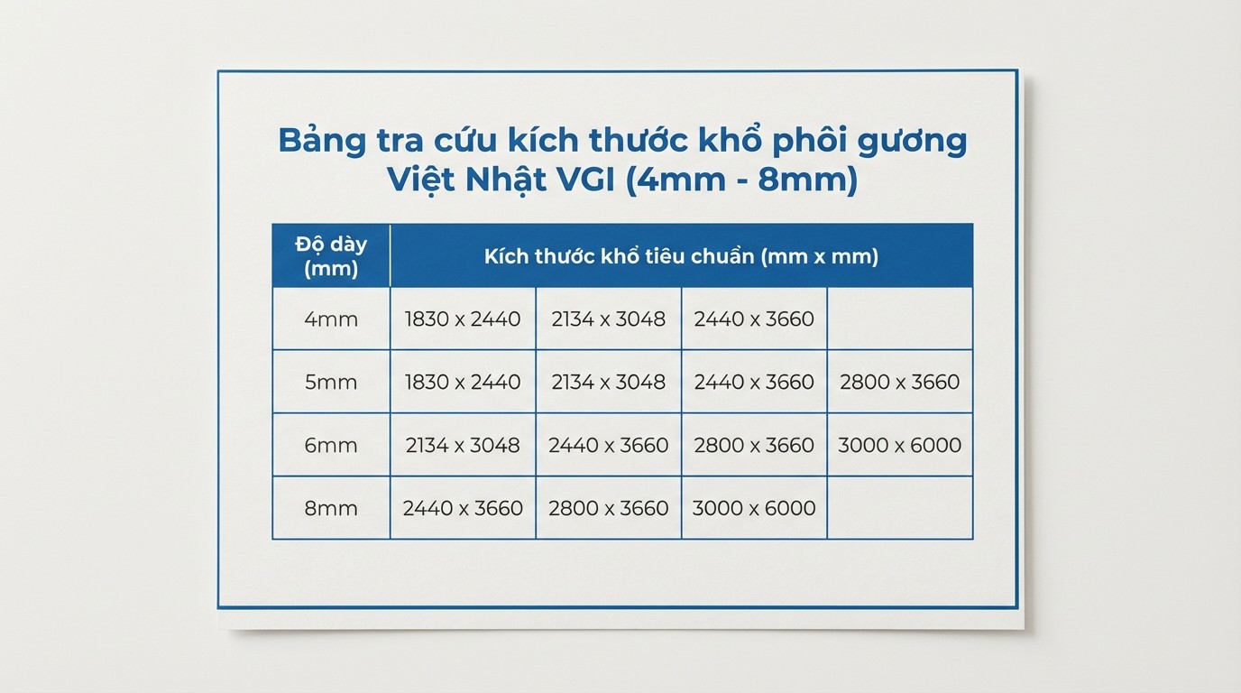 Bảng tra cứu kích thước khổ phôi gương Việt Nhật VGI theo độ dày 4mm đến 8mm