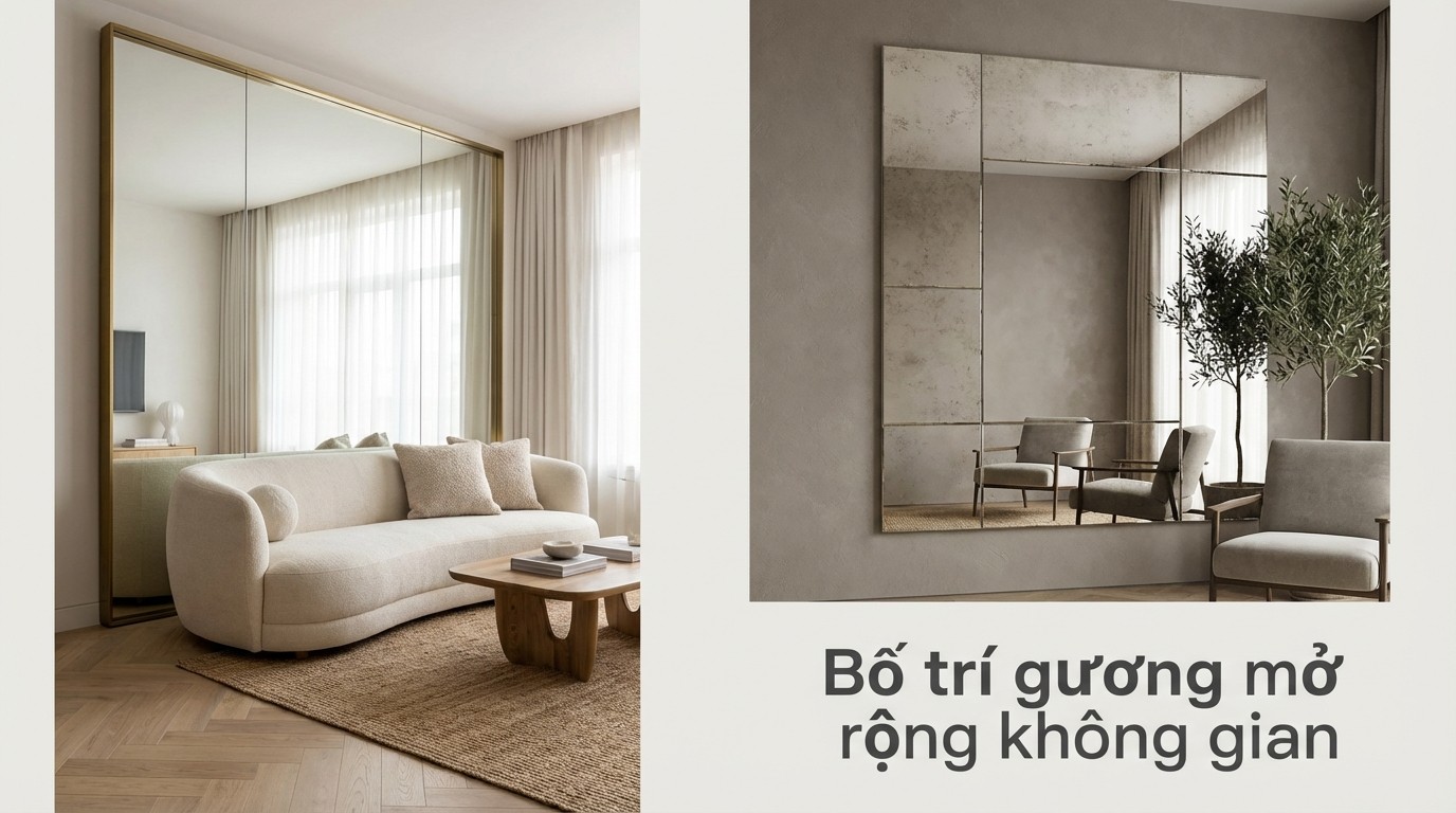 bo tri guong kho lon va guong dan tuong giup mo rong khong gian phong khach nho