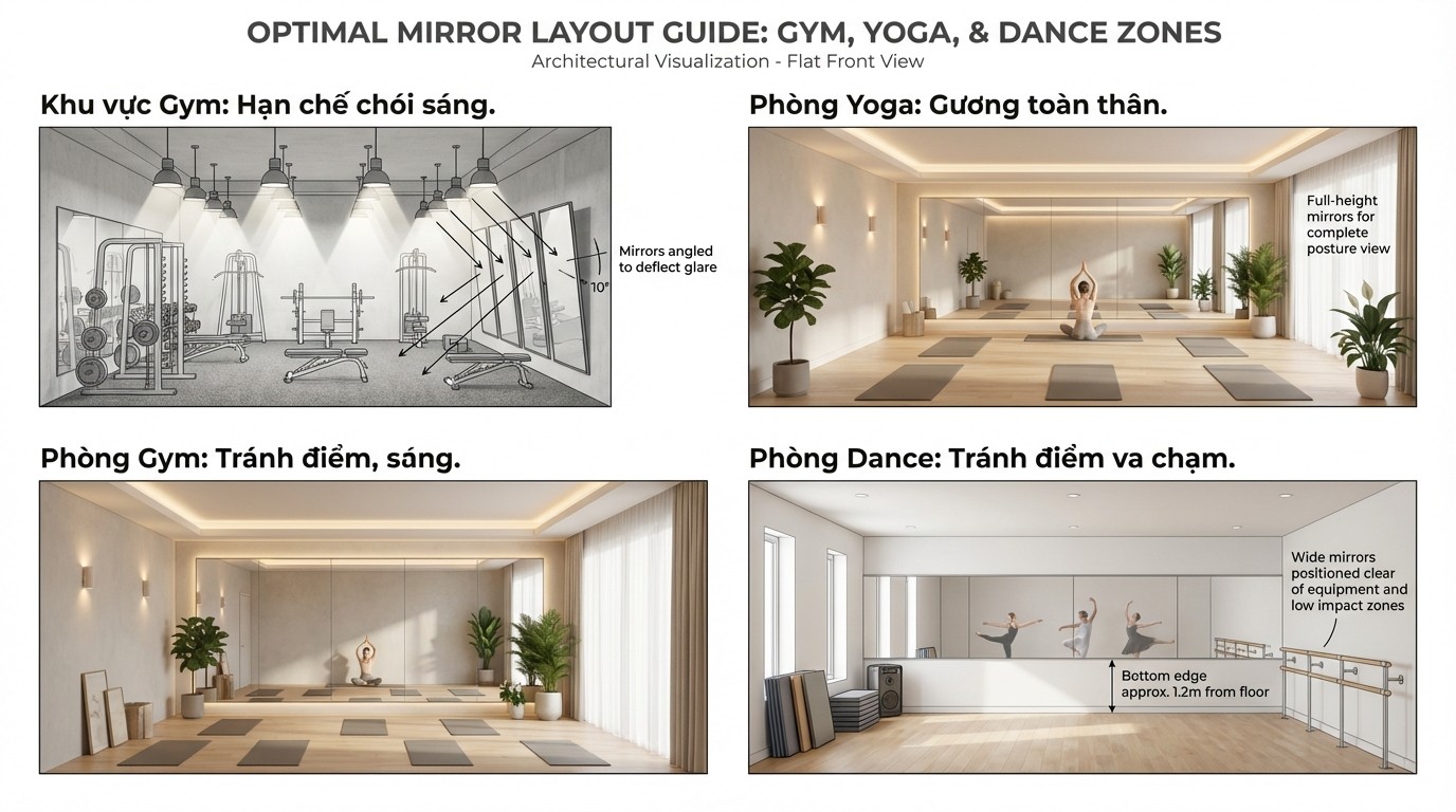 bố trí gương theo khu vực gym, yoga và dance để hạn chế chói và tránh điểm va chạm