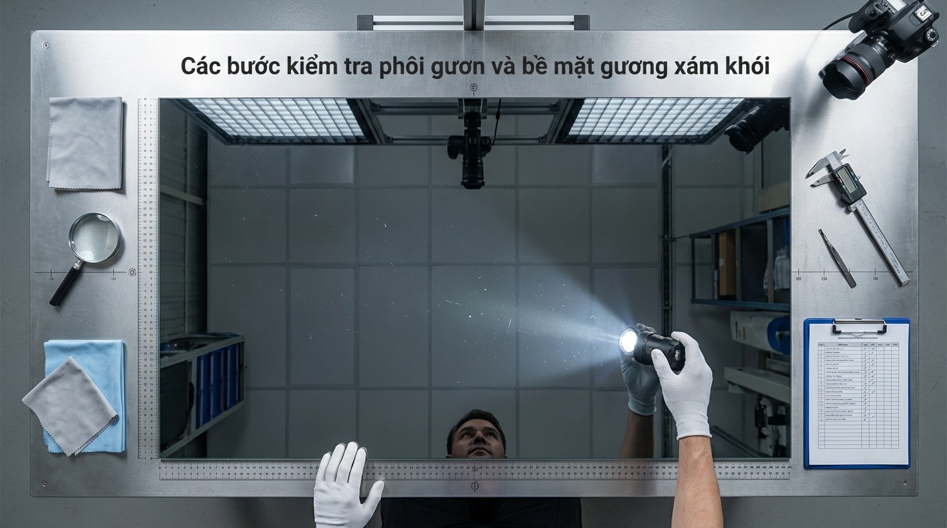 Các bước kiểm tra phôi gương và bề mặt gương kính màu xám khói trước khi gia công