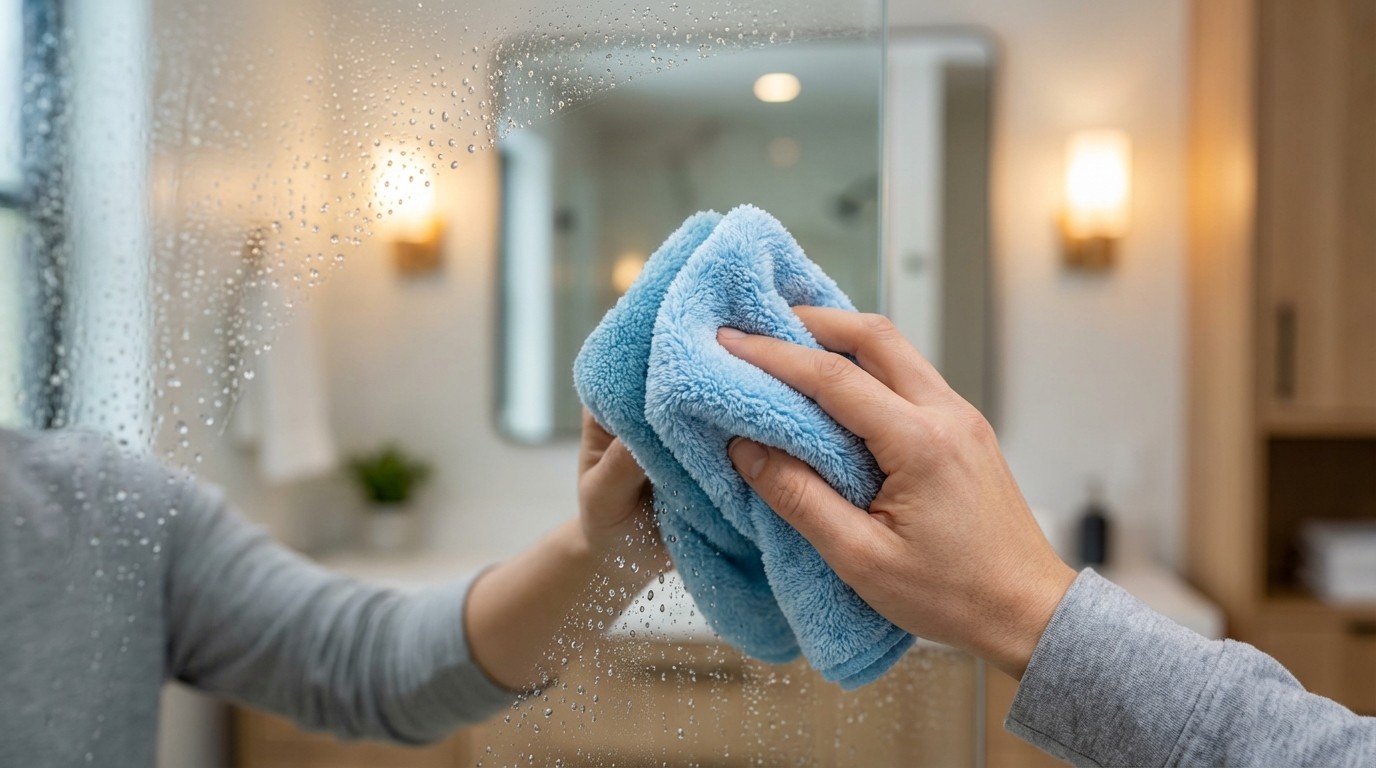 Các bước tẩy vết ố trên gương nhà tắm bằng dung dịch nhẹ và khăn microfiber