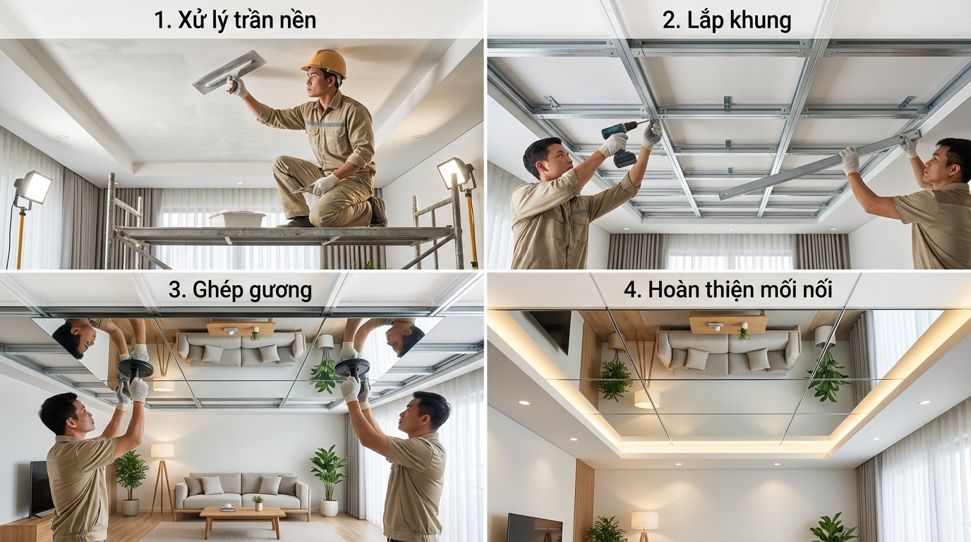 Trần Gương Phòng Khách: Tiêu Chuẩn Vật Liệu Và Báo Giá 4 Các bước thi công trần gương phòng khách gồm xử lý trần nền, lắp khung, ghép gương và hoàn thiện mối nối