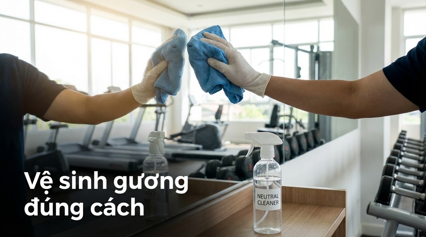 Lắp Gương Phòng Tập Tiêu Chuẩn Tận Xưởng 5 Các bước vệ sinh gương phòng tập bằng khăn microfiber và dung dịch trung tính để hạn chế ố cạnh