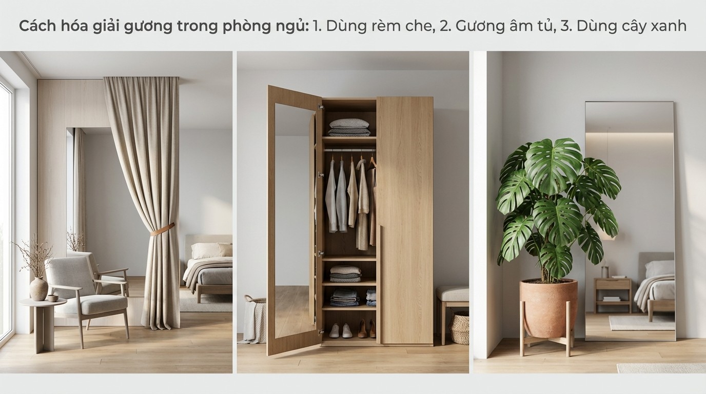 cac cach hoa giai guong dat sai vi tri trong phong ngu bang rem che chuyen thanh guong am tu va dung cay