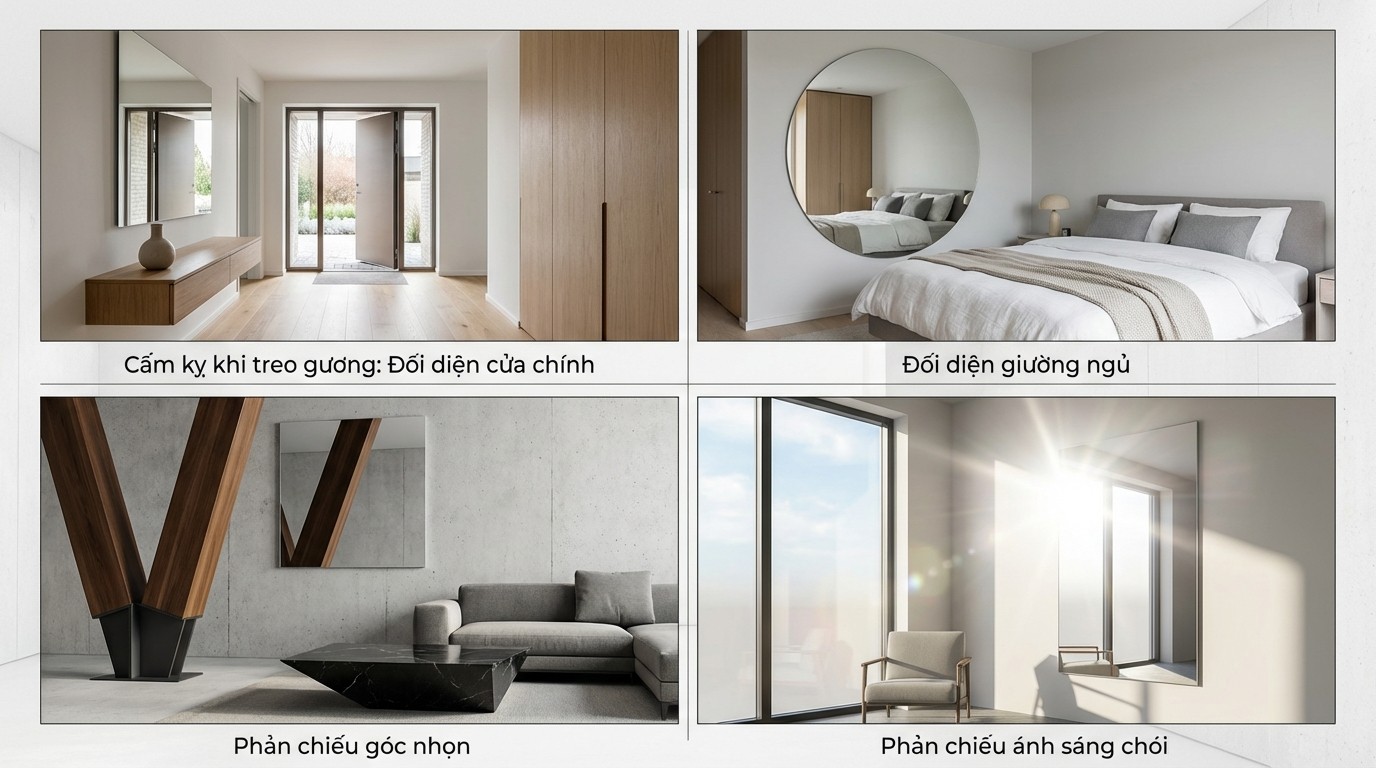 Hướng Dẫn Bố Trí Gương Phong Thủy: Nguyên Tắc Năng Lượng Và Giải Pháp Không Gian 3 Các cấm kỵ khi treo gương đối diện cửa chính, đối diện giường ngủ, phản chiếu góc nhọn và nguồn sáng chói