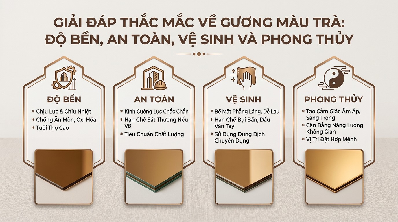 Gương Màu Trà Nhạt: Tiêu Chuẩn Kỹ Thuật, Ứng Dụng Không Gian Và Báo Giá 2026 6 các câu hỏi thường gặp về gương màu trà độ bền, an toàn, vệ sinh và phong thủy