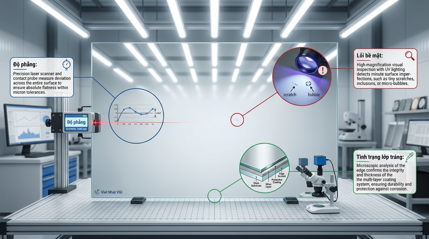 Các điểm kiểm tra phôi gương Việt Nhật VGI gồm độ phẳng, lỗi bề mặt và tình trạng lớp tráng