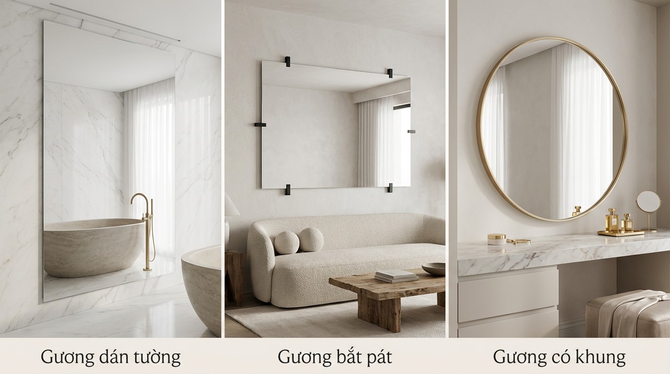 Các phương án lắp gương dán tường, bắt pát và khung trong không gian nhà tắm và phòng khách