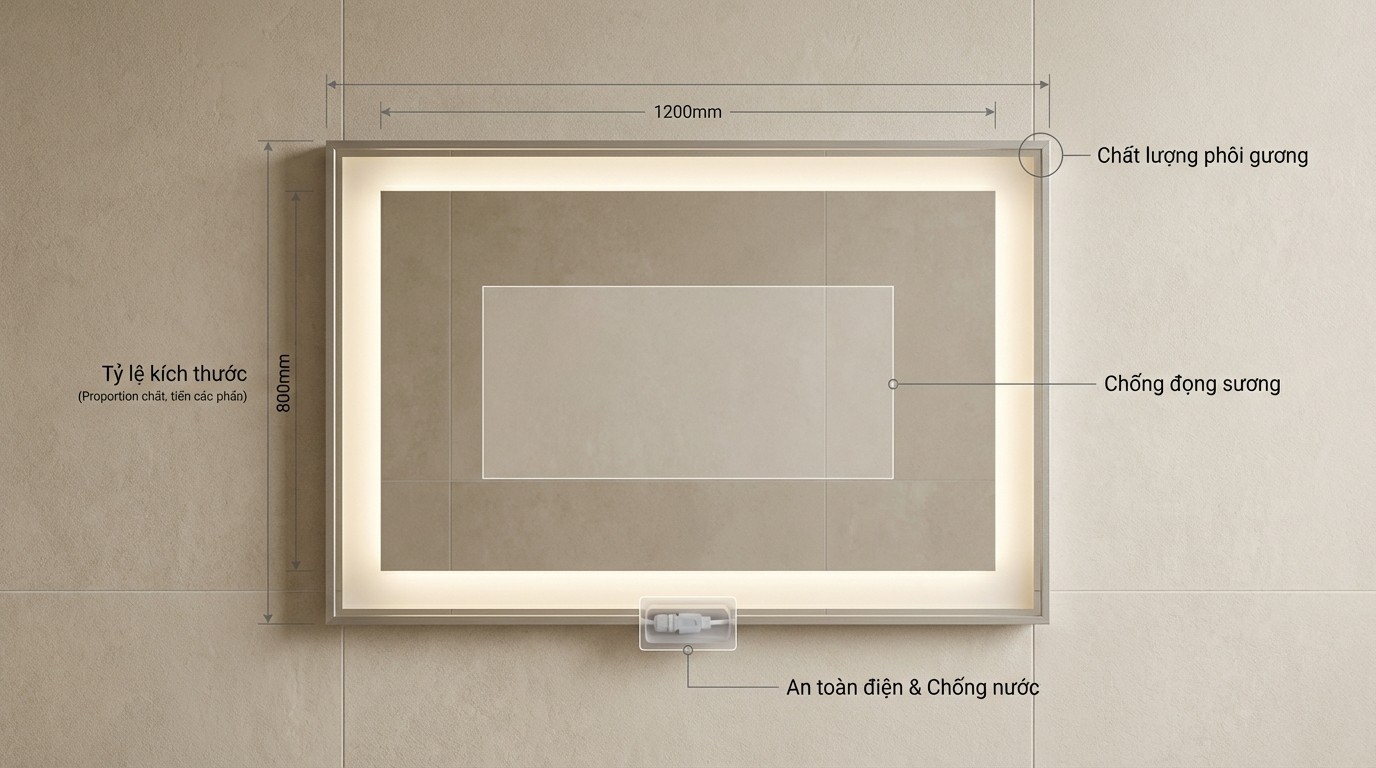 Chọn Gương Lavabo Đẹp Và An Toàn Cho Phòng Tắm 2 các tiêu chí chọn gương lavabo an toàn điện, phôi gương, chống đọng sương và tỷ lệ kích thước