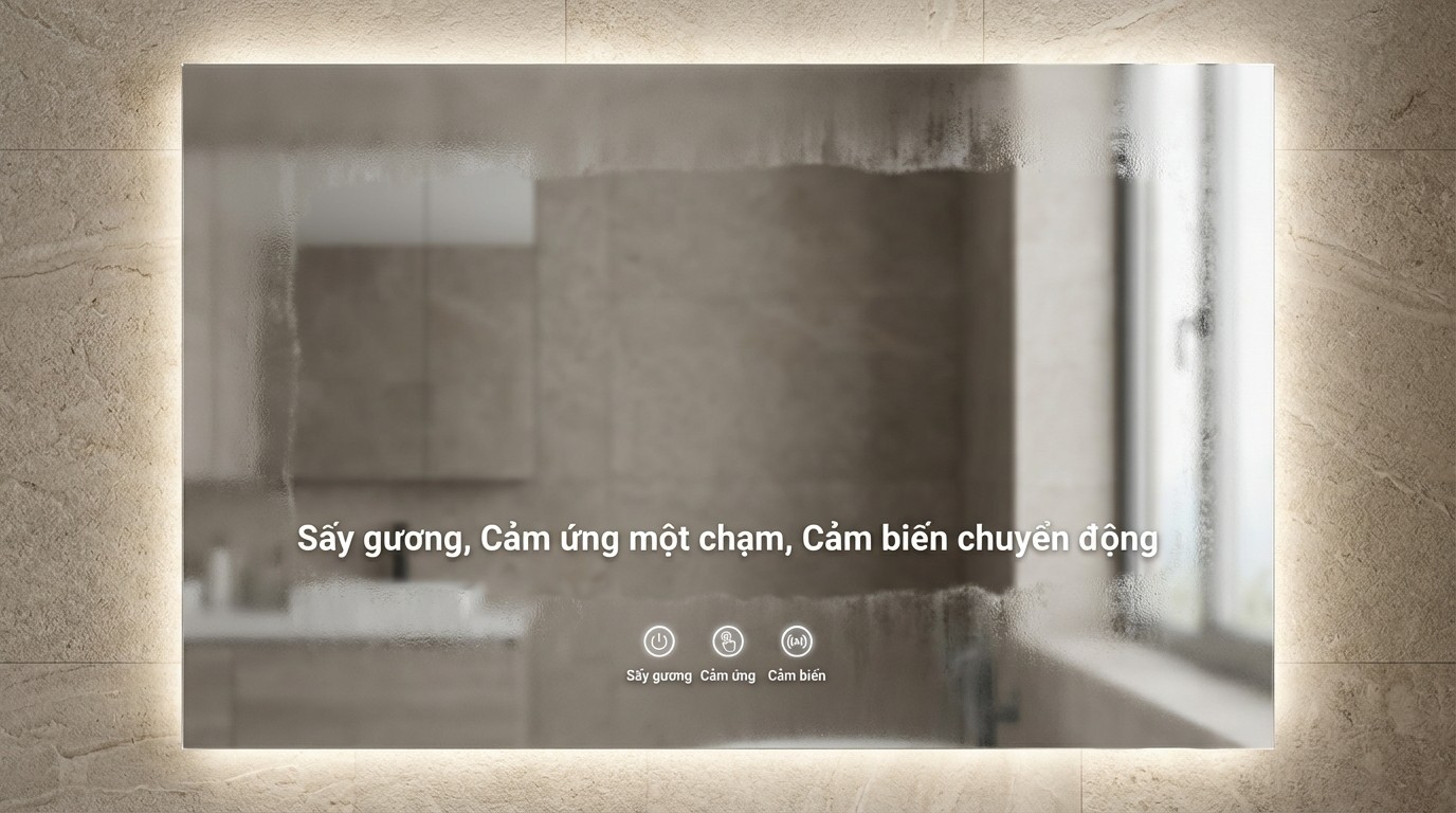 các tính năng anti fog, cảm ứng một chạm và cảm biến chuyển động trên gương led