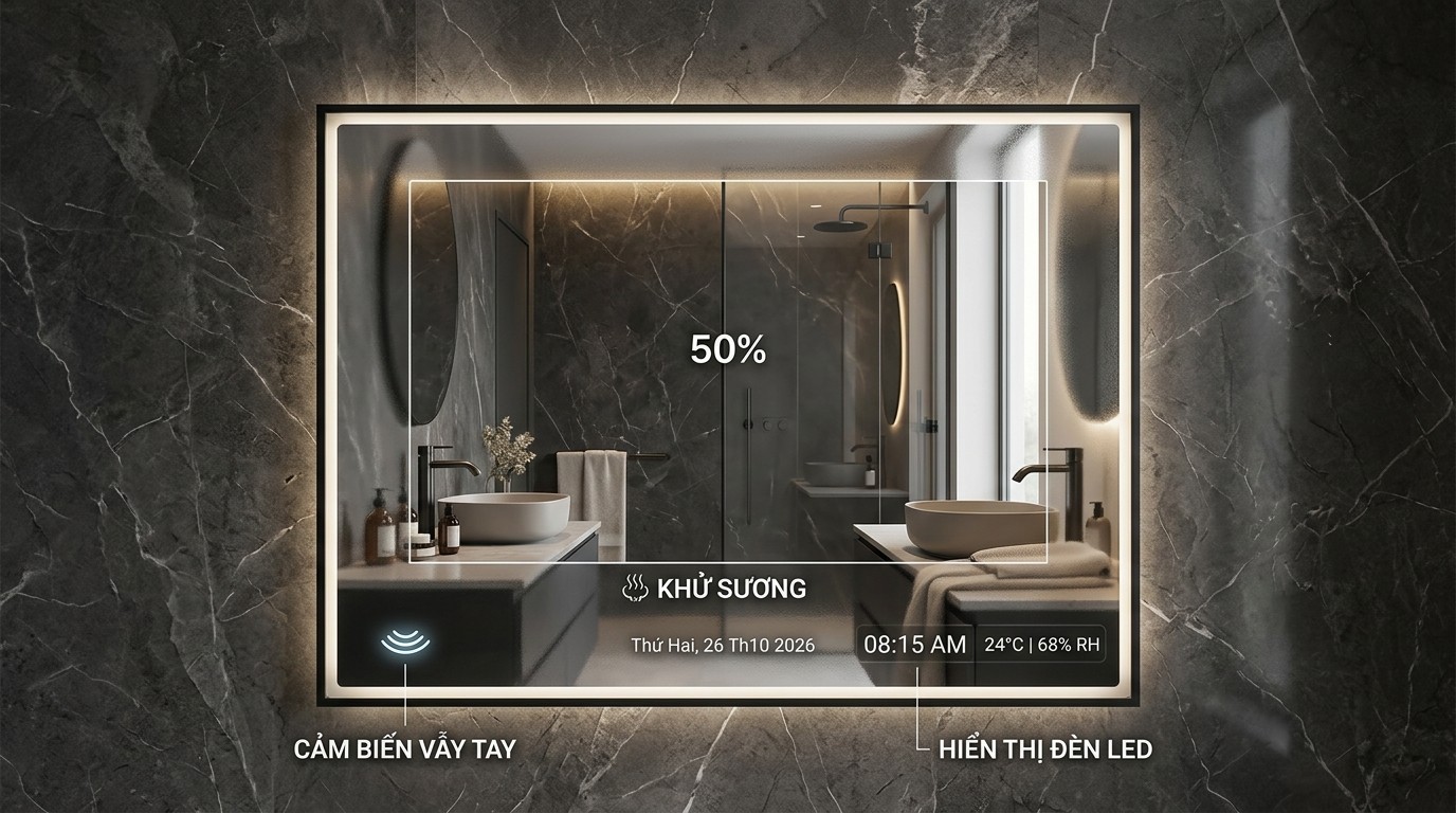 Gương Điện Nhà Tắm Thông Minh 1 các tính năng gương thông minh phòng tắm gồm khử sương, cảm biến vẫy tay và hiển thị đèn LED