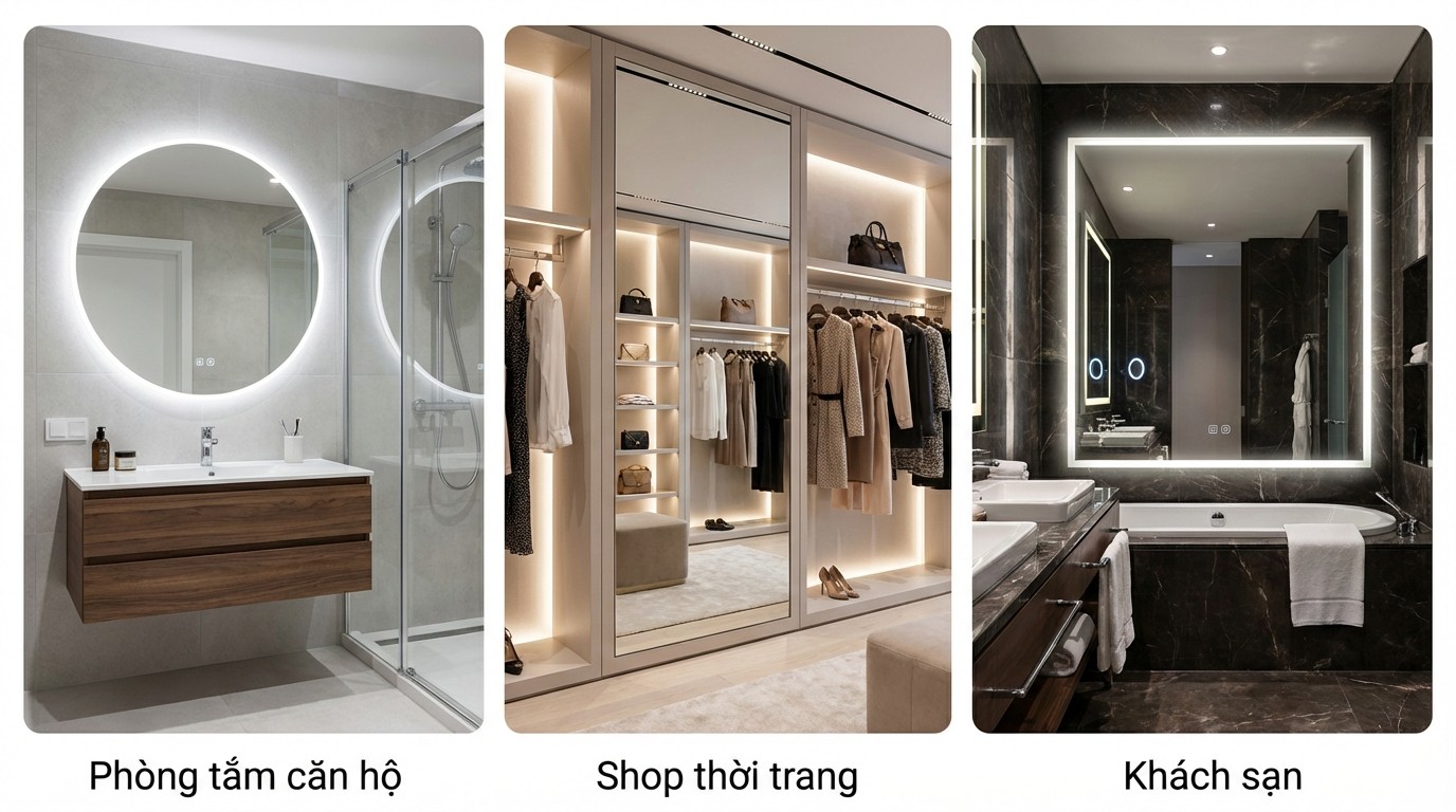 Các vị trí lắp gương điện cảm ứng phòng tắm căn hộ, shop thời trang và khách sạn