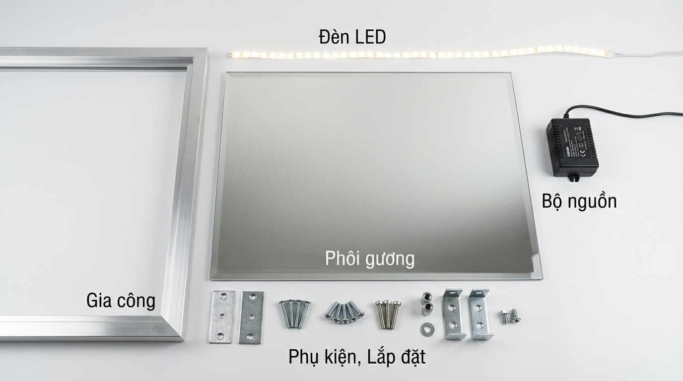 các yếu tố cấu thành báo giá gương trang điểm phôi gương, gia công, đèn LED, nguồn, phụ kiện và lắp đặt