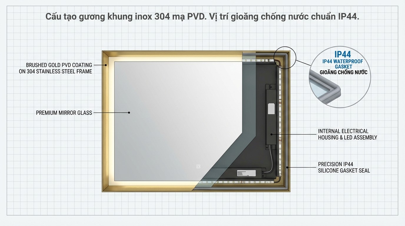 cau tao guong khung inox 304 ma pvd va vi tri gioang chong nuoc theo chuan ip44