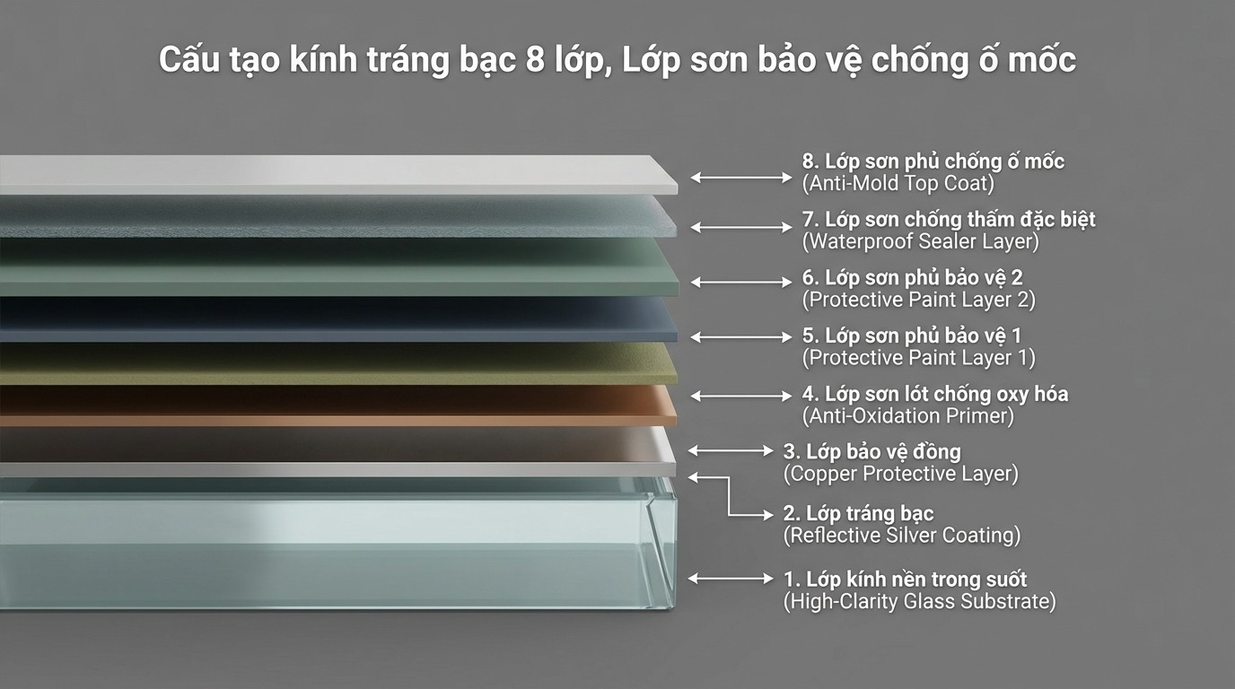 Hướng Dẫn Chọn Gương Treo Tường Phòng Ngủ 2 cấu tạo kính tráng bạc 8 lớp và các lớp sơn bảo vệ chống ố mốc