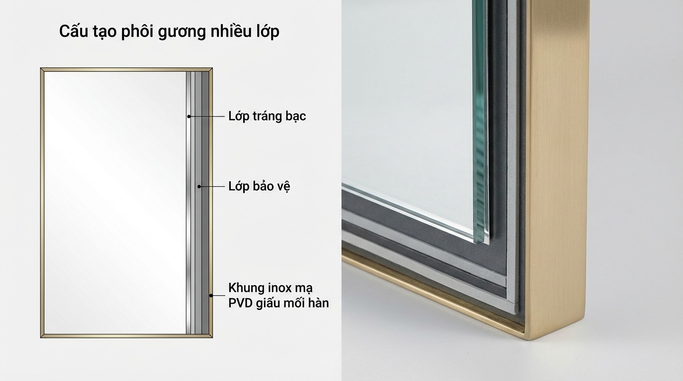 cau tao phoi guong nhieu lop va khung inox ma pvd giau moi han