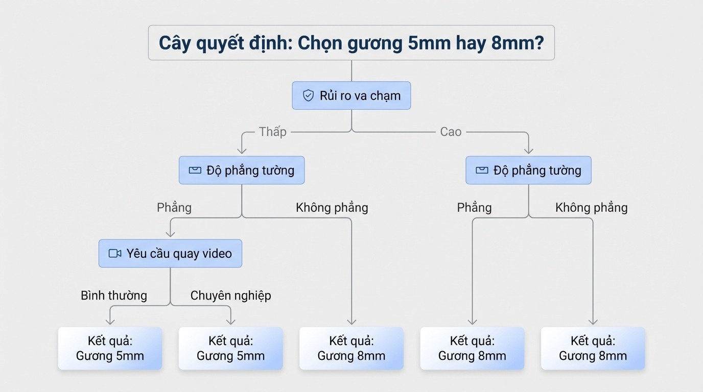Cây quyết định chọn gương 5mm hay 8mm theo rủi ro va chạm và độ phẳng tường