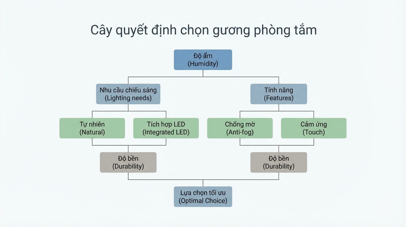 Cây quyết định chọn gương soi nhà vệ sinh theo độ ẩm, nhu cầu chiếu sáng và tính năng