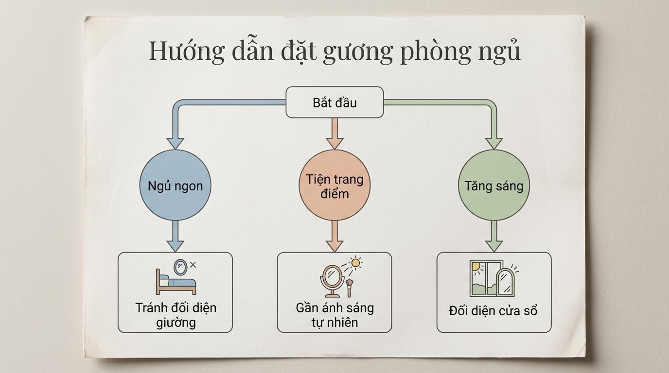 cây quyết định chọn vị trí đặt gương phòng ngủ theo mục đích ngủ ngon, tiện trang điểm, tăng sáng